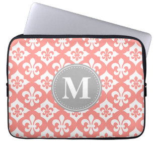 Protection Pour Ordinateur Portable Quatrefoil Fleur-De-Lis Coral Gris Rose Monogramme