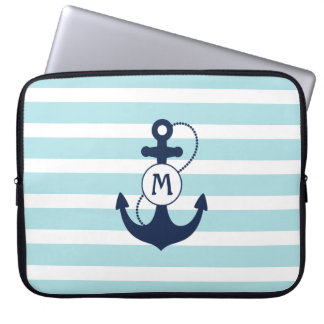 Protection Pour Ordinateur Portable Rayures bleu-clair avec l'Ancre et le monogramme