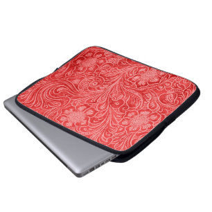 Protection Pour Ordinateur Portable Rouge Suede cuir look Fleurs Embossées