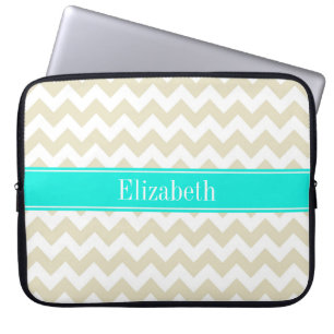 Protection Pour Ordinateur Portable Sable Beige Blanc Chevron clair Aqua Nom Monogramm