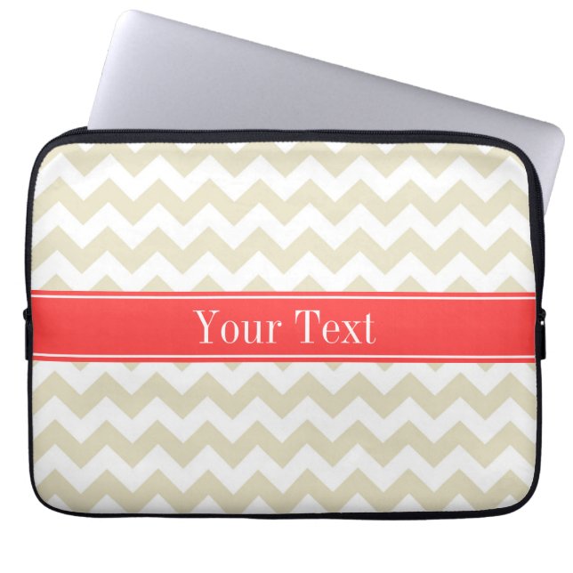 Protection Pour Ordinateur Portable Sable Beige Blanc Chevron Corail Rouge Nom Monogra (Devant)