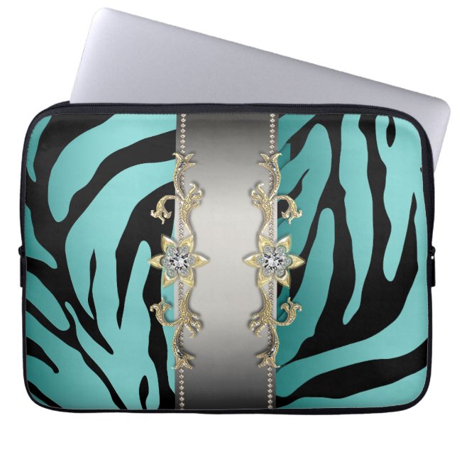 Protection Pour Ordinateur Portable Silver Or Turquoise Blue Zebra Portable Sleeve (Devant)