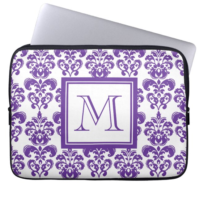 Protection Pour Ordinateur Portable Votre monogramme, motif pourpre foncé 2 de damassé (Devant)