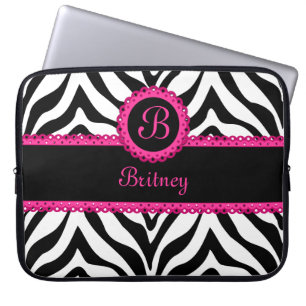 Protection Pour Ordinateur Portable Zèbre et monogramme rose de dentelle