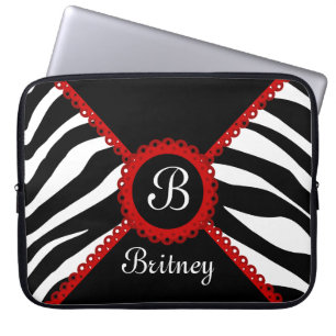 Protection Pour Ordinateur Portable Zèbre et monogramme rouge de dentelle