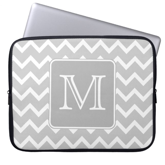 Protection Pour Ordinateur Portable Zigzags gris et blancs avec le monogramme fait sur (Devant)