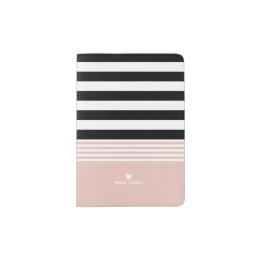 Protège-passeport Noir, blanc et rose rayé personnalisé