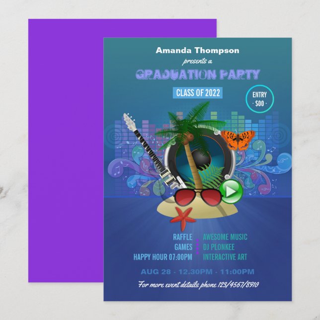 Proton Lila Summer Club Beach Party Einladung (Vorne/Hinten)