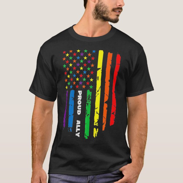 Proud Ally Rainbow Gay American Flag LGBT Pride mo T-Shirt (Vorderseite)