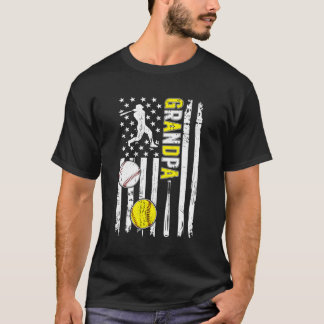 Proud Baseball Softball Grandpa American Flag T-Shirt