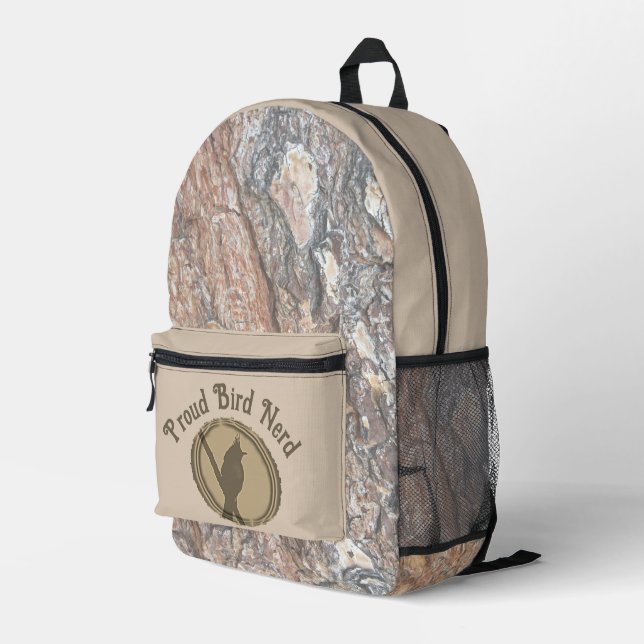 Proud Bird Nerd Silhouette Tree Wood Vogelbeobacht Bedruckter Rucksack (Rückseitige Ecke Rechts)