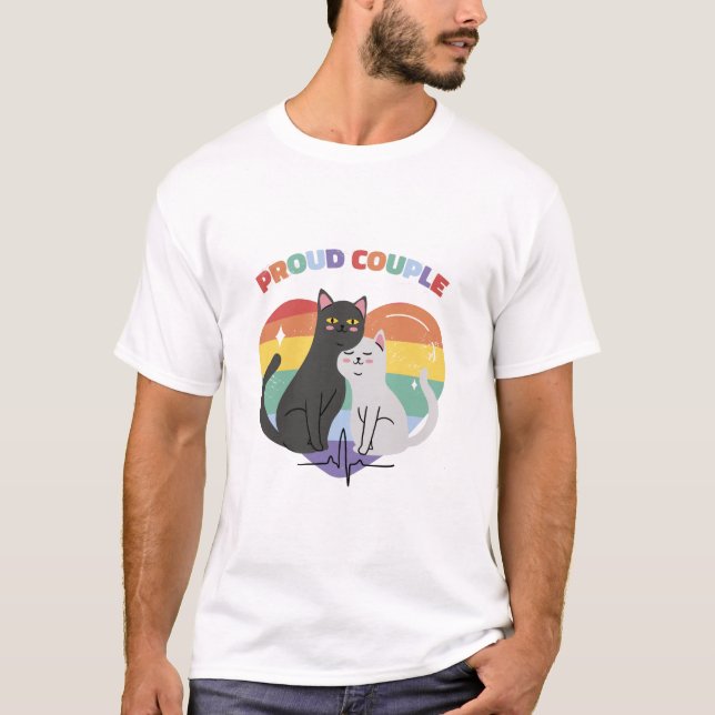 Proud Couple Cats Regenbogenherz T-Shirt (Vorderseite)