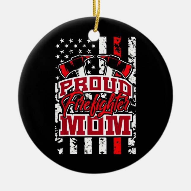 Proud Firefighter Mom Red Thin Line American Flag Keramik Ornament (Vorne)