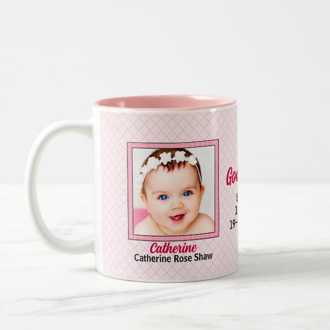 Proud Godmutter Pink Gingham 2 Foto Zweifarbige Tasse (Links)