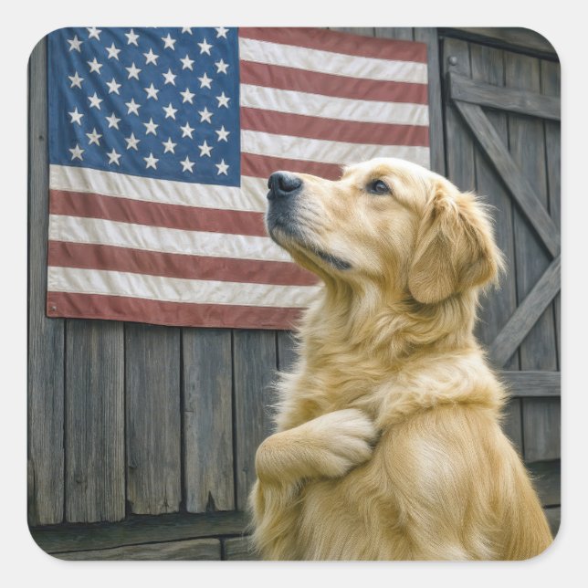Proud Golden Retriever With American Flag Quadratischer Aufkleber (Vorderseite)