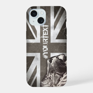 Proud Lion Union Jack Patriotic Custom Text iPhone 15 Hülle