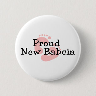 Proud New Babcia Baby Girl Footprints Button