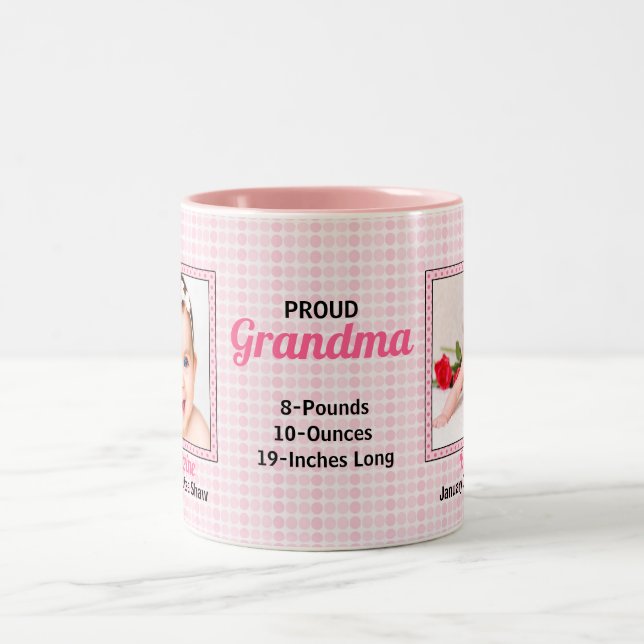 Proud Oma Pink Polka Dots mit zwei Baby Fotos Zweifarbige Tasse (Mittel)