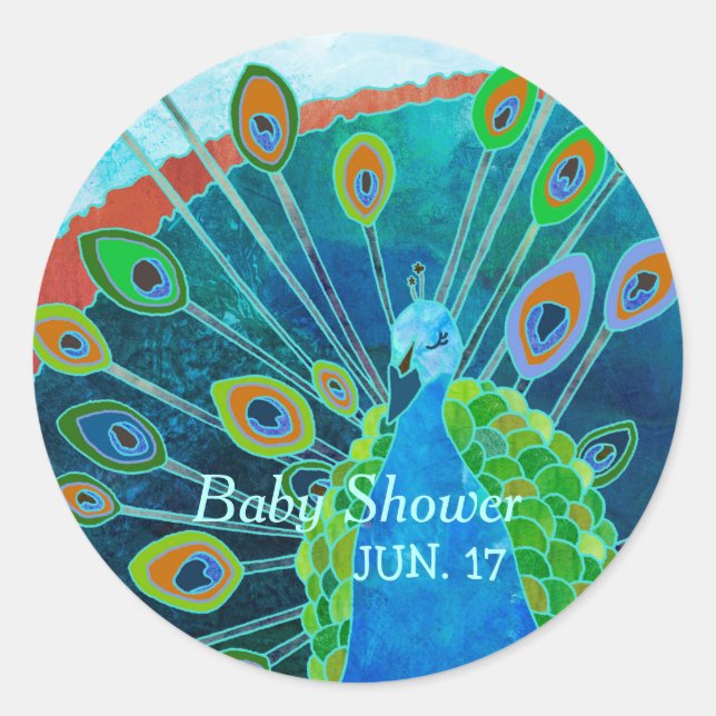 Proud Peacock Blue Baby Dusche Gefallen Runder Aufkleber (Vorderseite)