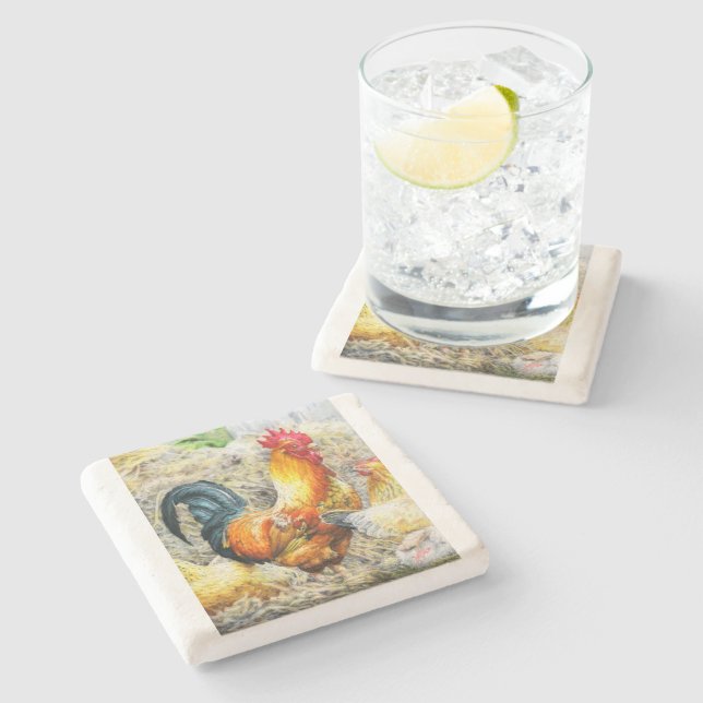 Proud Rooster Steinuntersetzer (Seitenansicht)