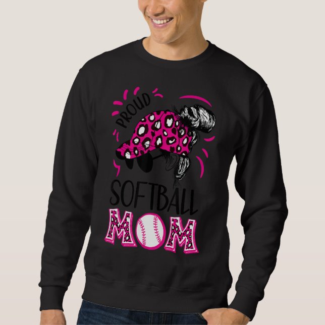 Proud Softball Mama Messy Bun Leopard Pink Women Sweatshirt (Vorderseite)