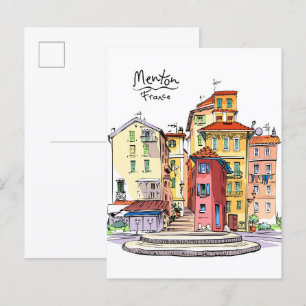 Provencal Houses Menton France Illustration Travel Postkarte