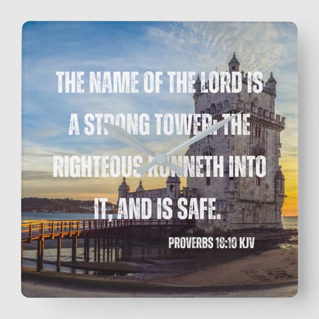 Proverbes 18:10 Bible Verse Carré Horloge murale (Recto)