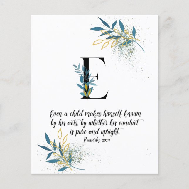 Proverbes 20:11, Lettre E, Carte d'écriture aquare (Devant)
