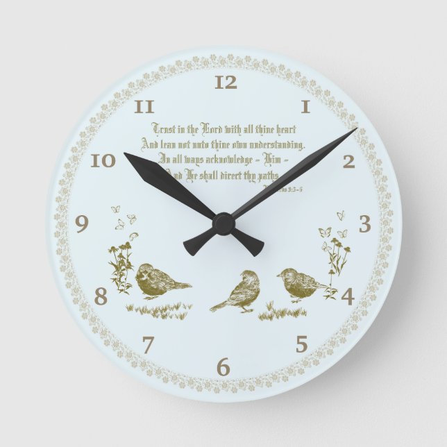 Proverbes 3:5-6 Horloge murale avec oiseaux, Fleur (Recto)
