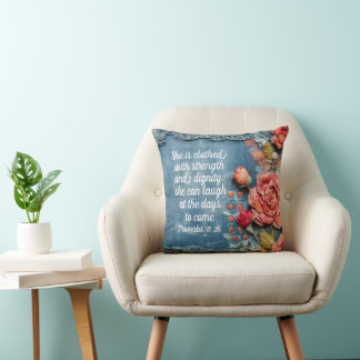 Proverbs 31:25 Throw Pillow Inspiring Bible Verse Kissen