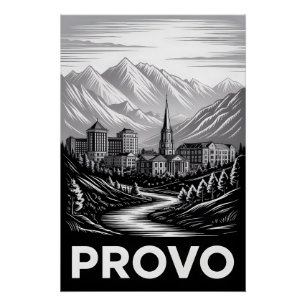 Provo Utah Skyline Schwarz Weiß Holzschnitt Poster