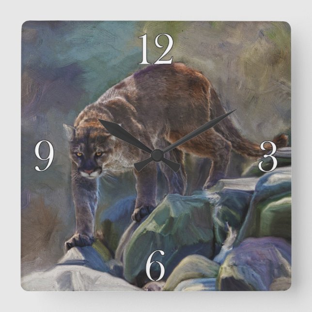 Prowling Cougar Mountain Lion Art Design Quadratische Wanduhr (Vorderseite)