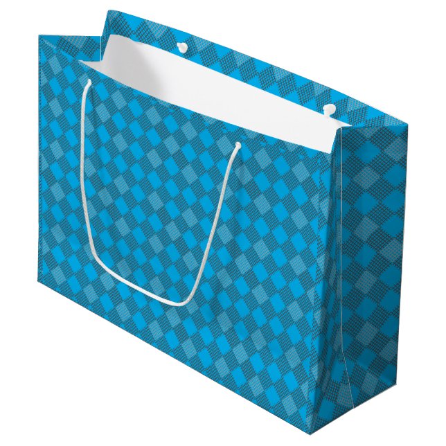 Prüfpatches Muster 01 w Lblue BG Große Geschenktüte (Vorderseite Schrägansicht)