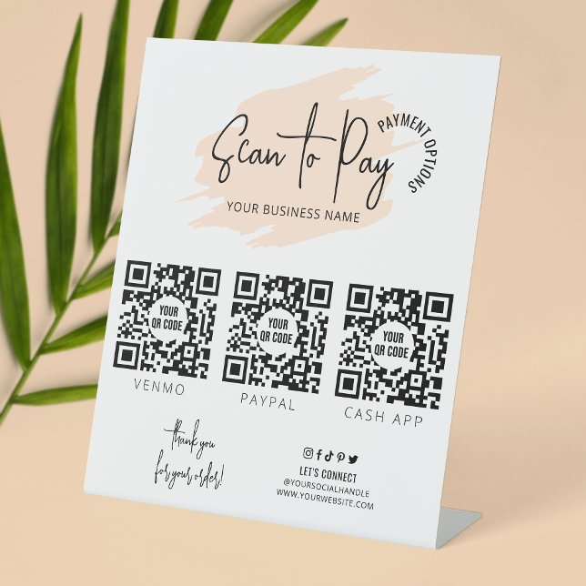 Prüfung von Unternehmen auf Zahlung von 3 QR Codes Sockelschild (Light beige watercolor contactless payment sign design with space for 3 QR codes)