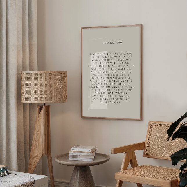 Psalm 100 Christlicher Fall Mauer drucken Poster (Minimalist Christian beige wall art featuring Psalm 100 in elegant black bold typography. )
