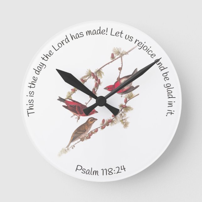 Psalm 118:24 und Drei Rote Vögel Runde Wanduhr (Vorderseite)