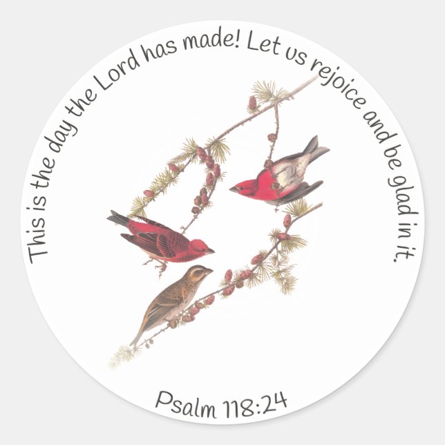 Psalm 118:24 und Drei Rote Vögel Runder Aufkleber (Vorderseite)