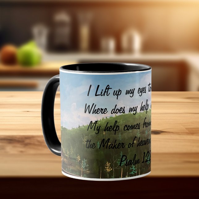 Psalm 121:1 Kunsthandwerk Tasse (Scripture mug with painting print as background)
