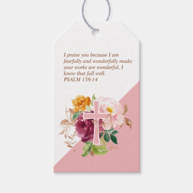 Psalm 139:14 Rosa Aquarellblume Geschenkanhänger (Vorderseite)
