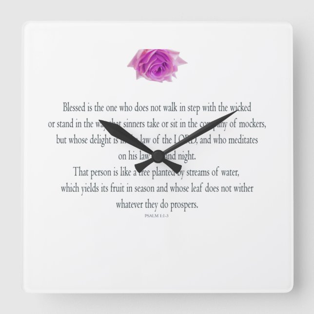 PSALM 1:1-3 mit Lila Blume Quadratische Wanduhr (Vorderseite)
