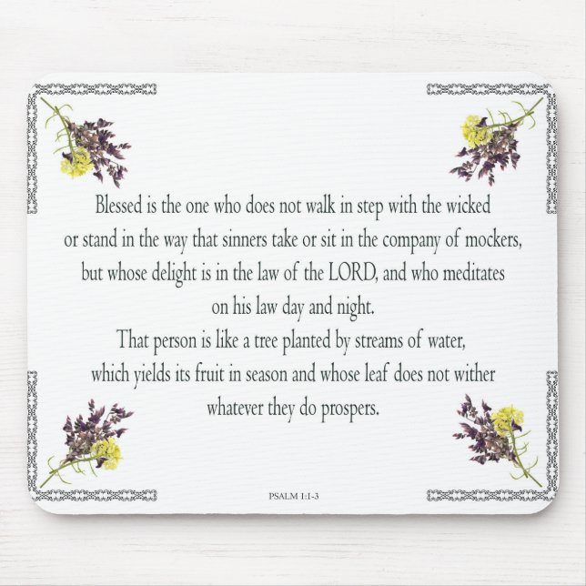 Psalm 1 Art - Gesegnet Recht mit Blumendesign Mousepad (Vorne)
