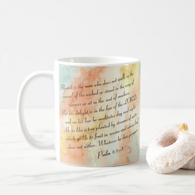 Psalm 1 Blessed Watercolor Script Kaffeetasse (Mit Donut)