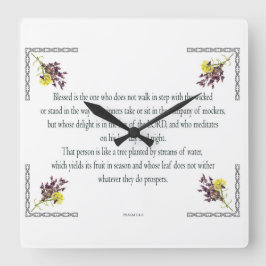 Psalm 1, Pink Yellow Flower Design, Blessed, Quadratische Wanduhr