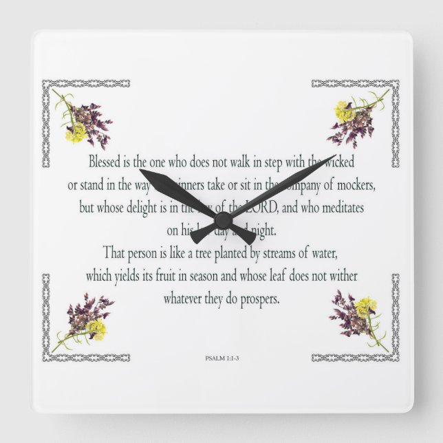 Psalm 1, Pink Yellow Flower Design, Blessed, Quadratische Wanduhr (Vorderseite)