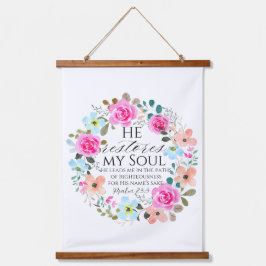 Psalm 23:3 - Er stellt mein Soul Pink Floral Bible Wandteppich Mit Holzrahmen