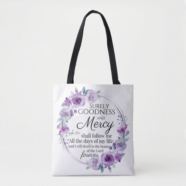 Psalm 23:6 Lila Blütenblüte Tasche (Vorderseite)