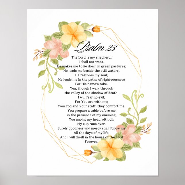 Psalm 23 Bibelschrift Yellow Floral Frame Poster (Vorne)