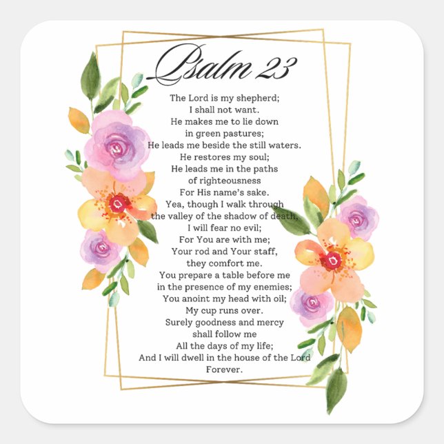 Psalm 23 Geometrische Blumenrahmen-Schrift Quadratischer Aufkleber (Vorderseite)