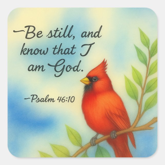 Psalm 46:10 Be Still Red Cardinal Scripture Nature Quadratischer Aufkleber (Vorderseite)