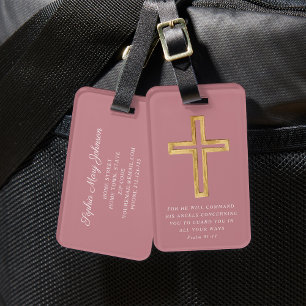 Psalm 91:11 Gesegnete Reise Rosa Religiöses Kreuz Gepäckanhänger